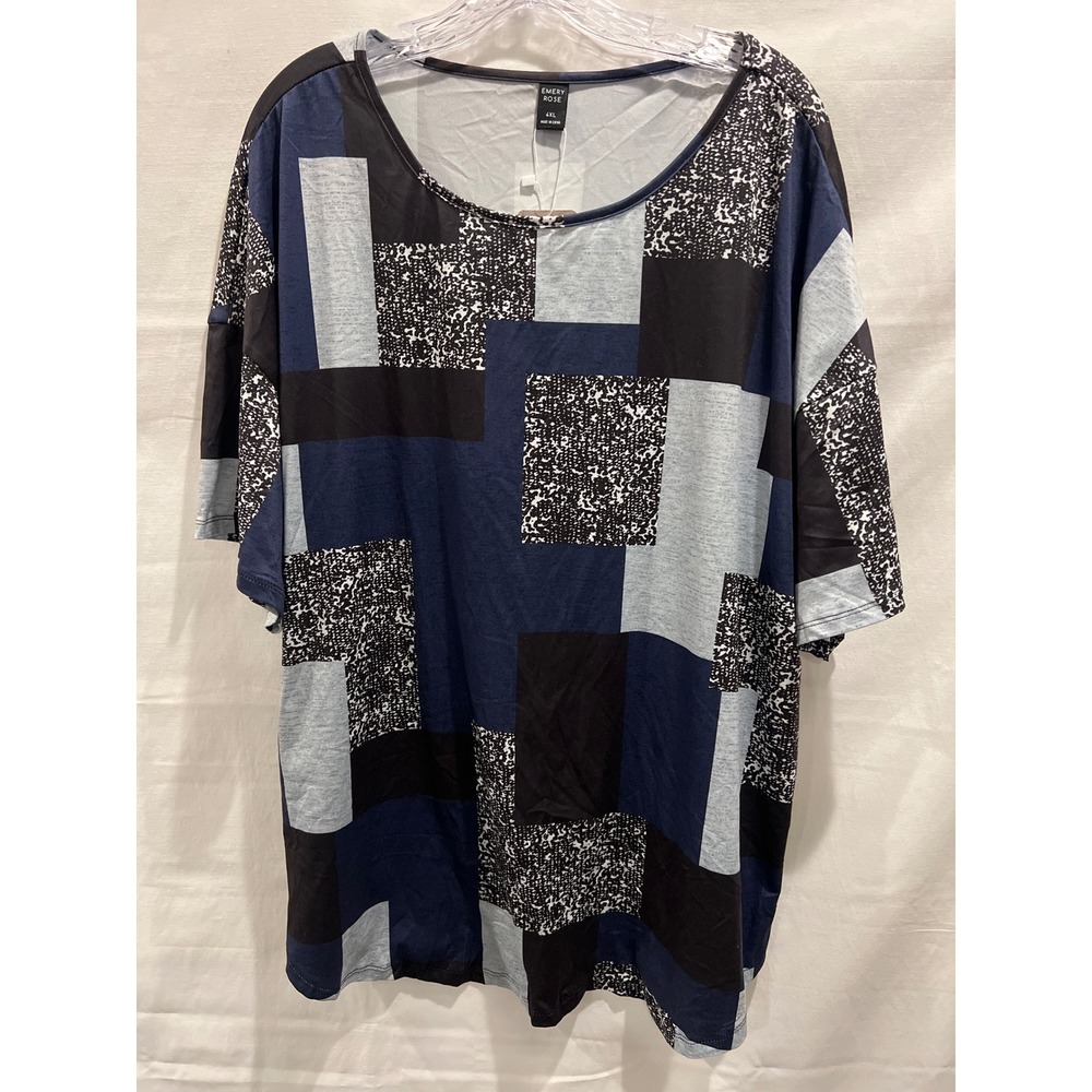 Emery Rose Womens 4XL Blue Black Geometric Colorblock Short Sleeve Top NWT